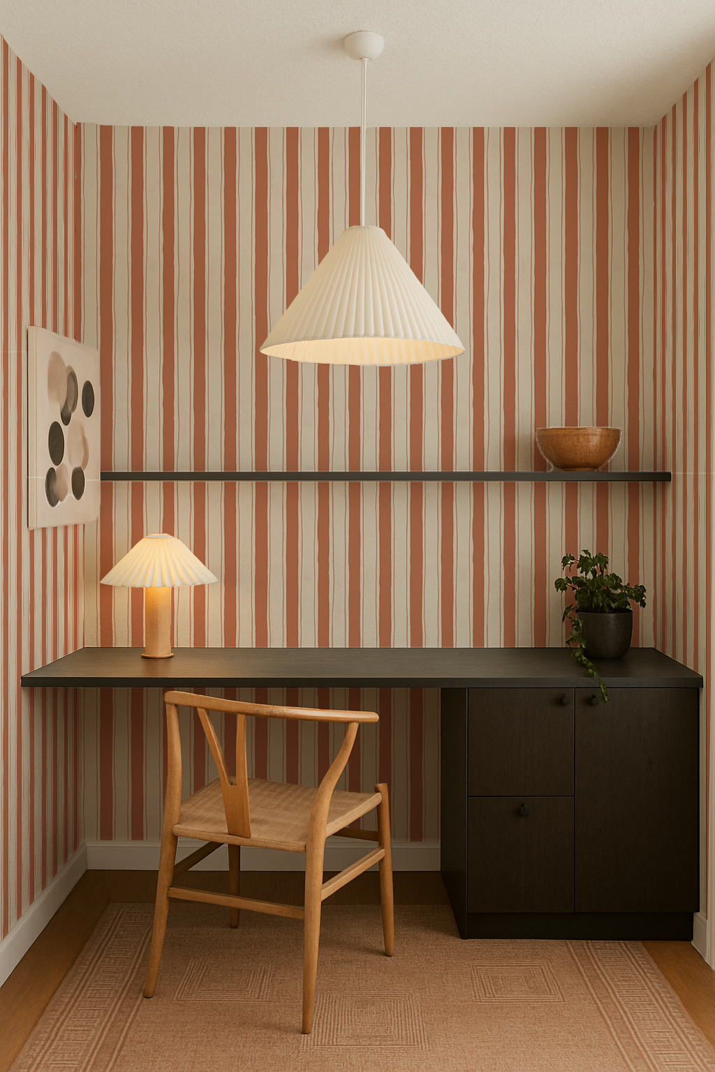Riviera Stripe Wallpaper, off-white and terra cotta