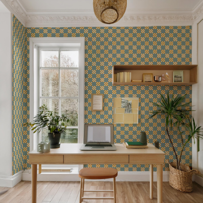 Checkered Quilt Wallpaper, light blue and yellow