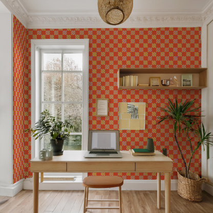 Checkered Quilt Wallpaper, red-orange, yellow and purple