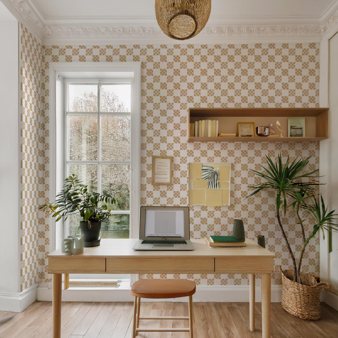 Checkered Quilt Wallpaper, tan and white