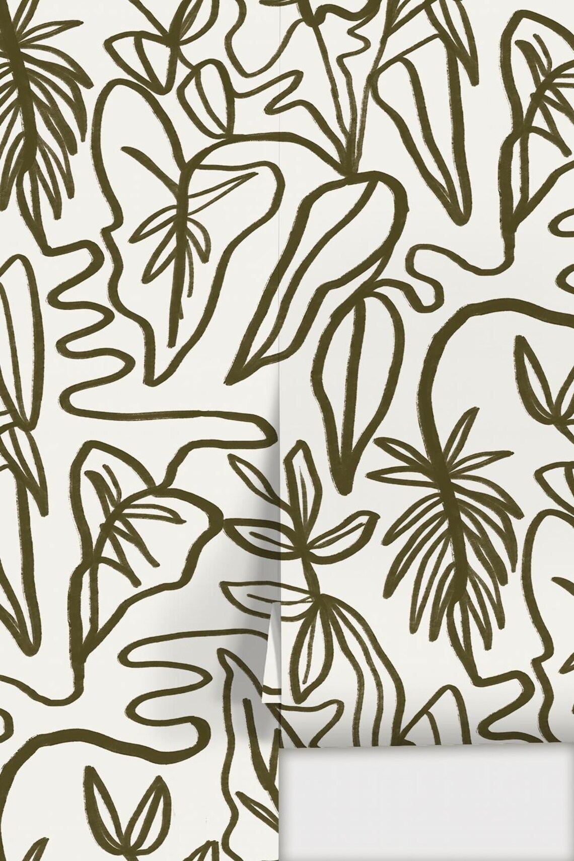 Inked Foliage Wallpaper, white and olive green