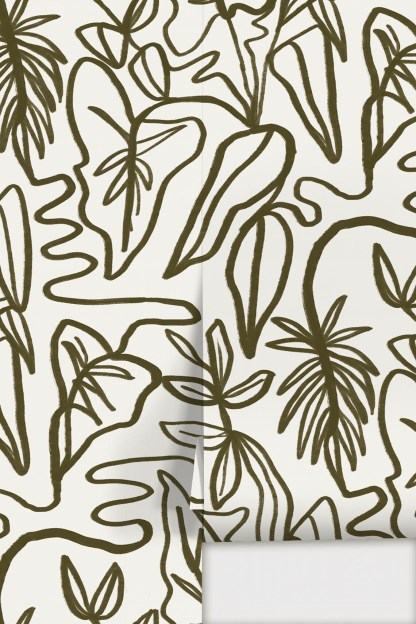 Inked Foliage Wallpaper, white and olive green
