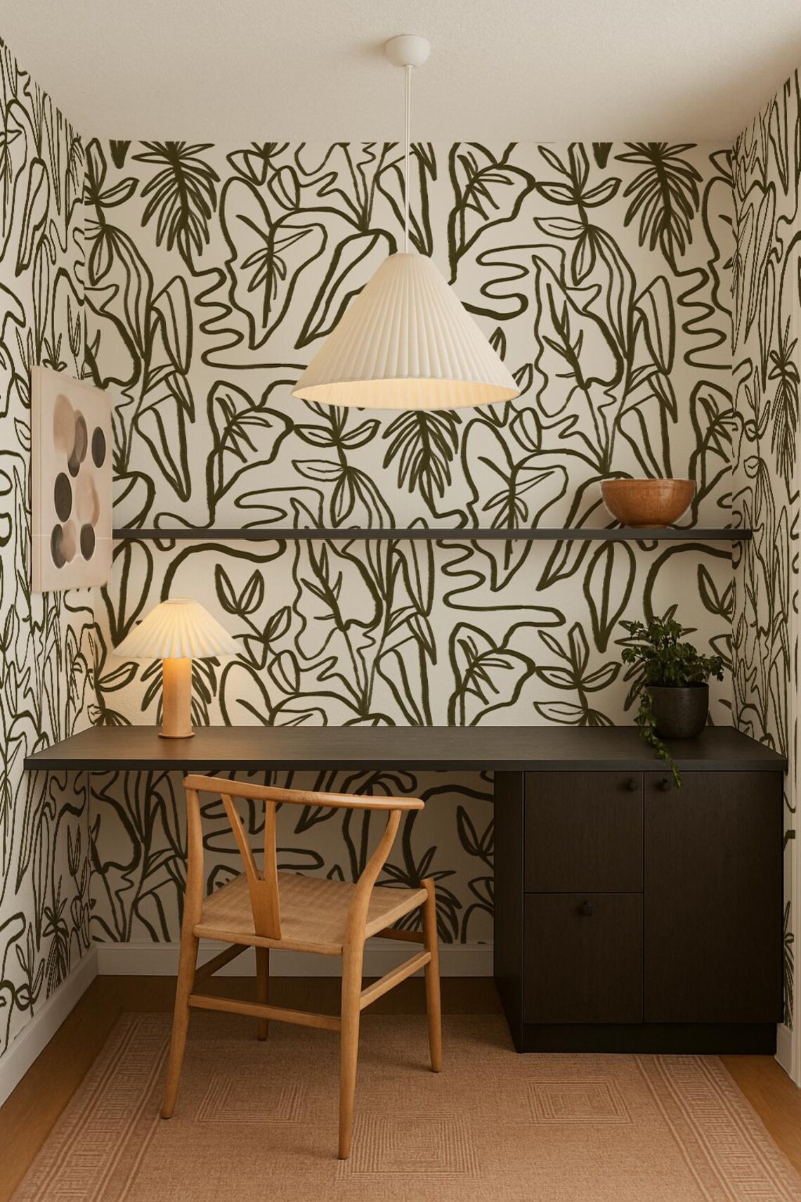 Inked Foliage Wallpaper, white and olive green