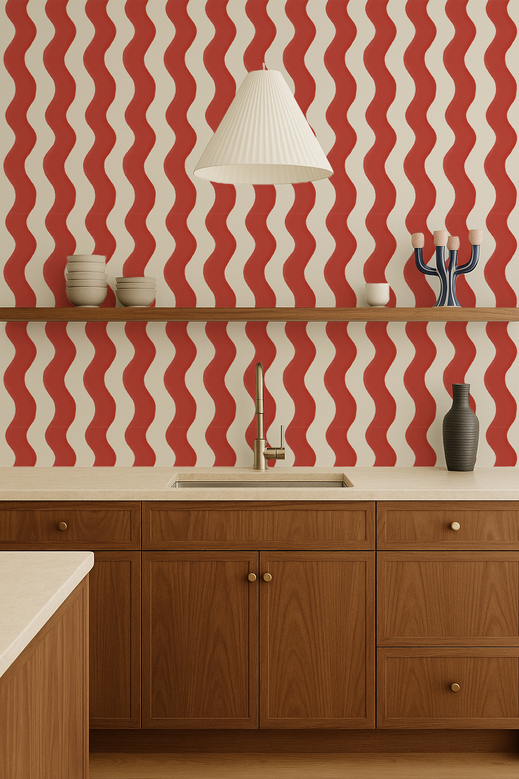 Ziggy Stripe Wallpaper, white and brick red