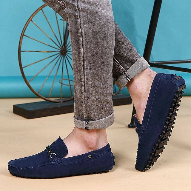 Classic Men's Navy Blue Suede Loafers with Metal Bit Detail