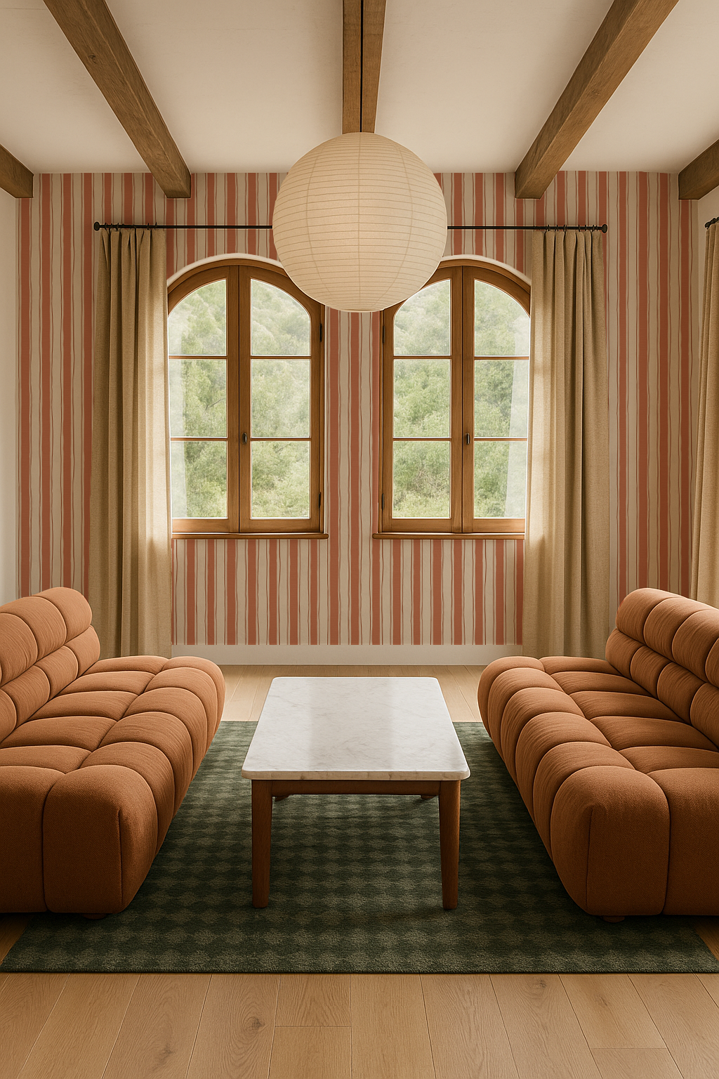 Riviera Stripe Wallpaper, off-white and terra cotta