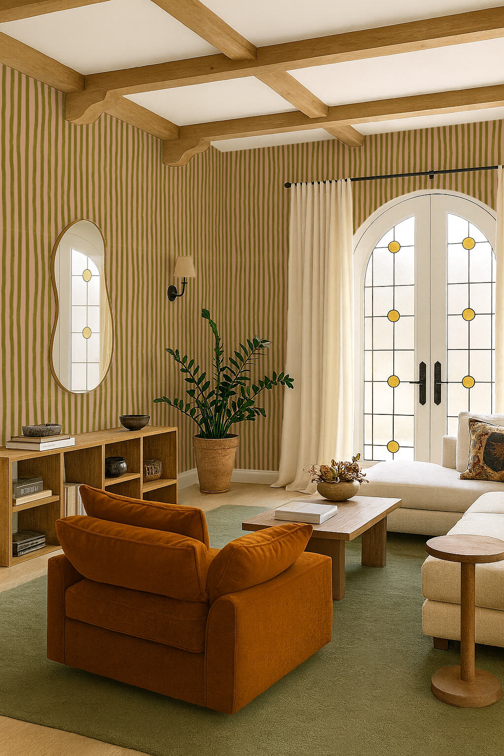 Dolce Stripe Wallpaper, peach and chartreuse