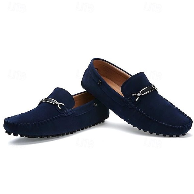Classic Men's Navy Blue Suede Loafers with Metal Bit Detail