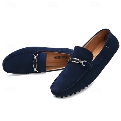 Classic Men's Navy Blue Suede Loafers with Metal Bit Detail