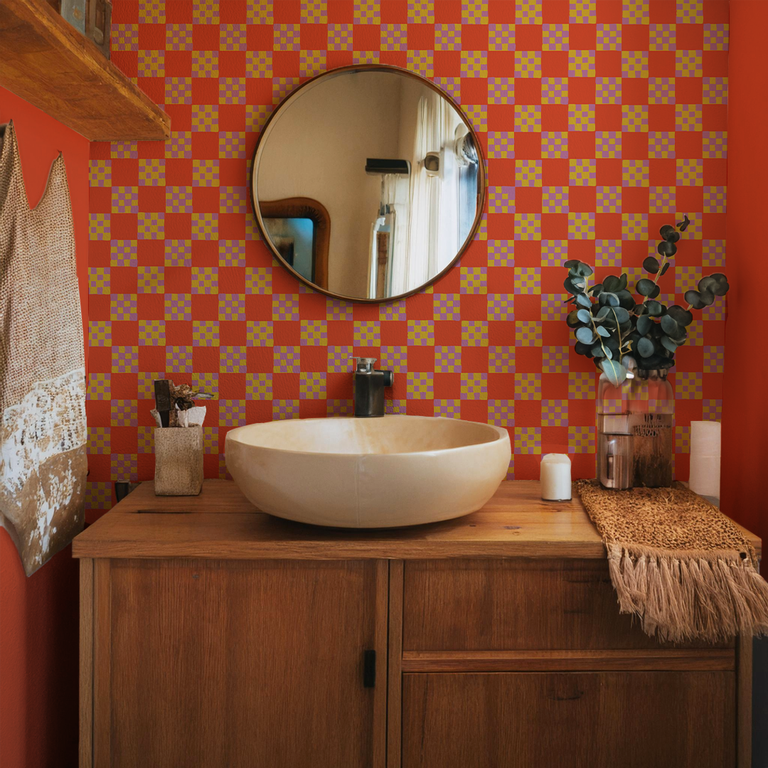 Checkered Quilt Wallpaper, red-orange, yellow and purple