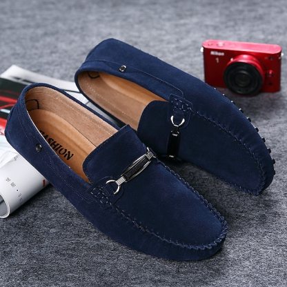 Classic Men's Navy Blue Suede Loafers with Metal Bit Detail