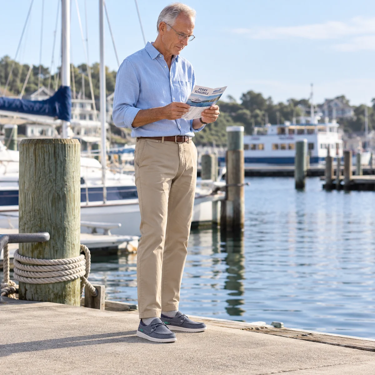 Mature white man reading a ferry schedule wearing blue canvas shoes