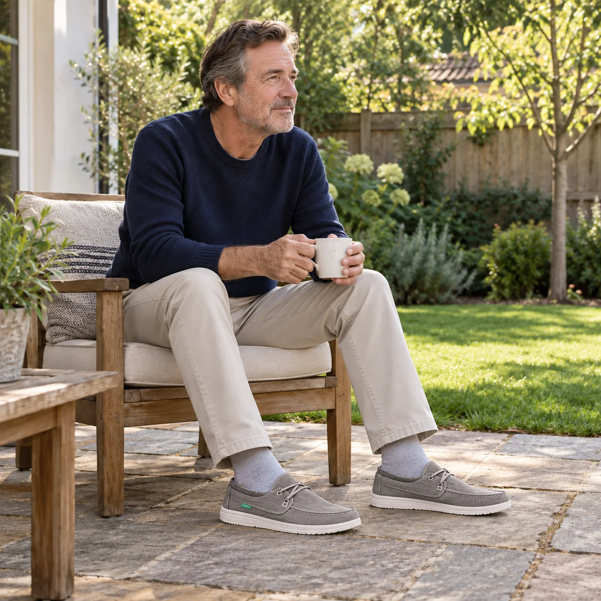 Mature white man relaxing on his backyard patio in gray canvas boat-style shoes