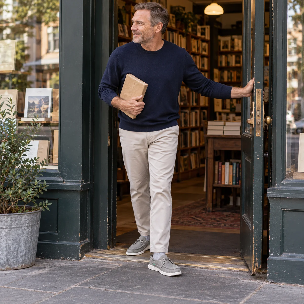 Mature white man leaving a neighborhood bookshop wearing gray canvas shoes