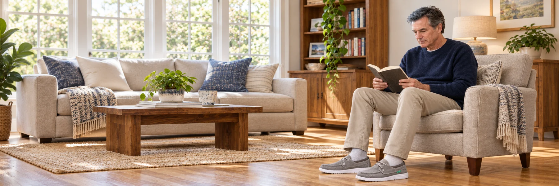 Mature white man reading at home in gray canvas shoes