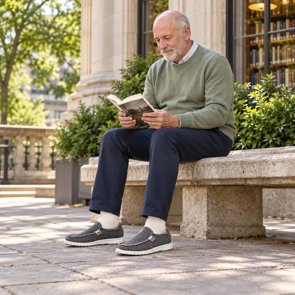 Your quiet afternoon. Mature European man wearing canvas loafers
