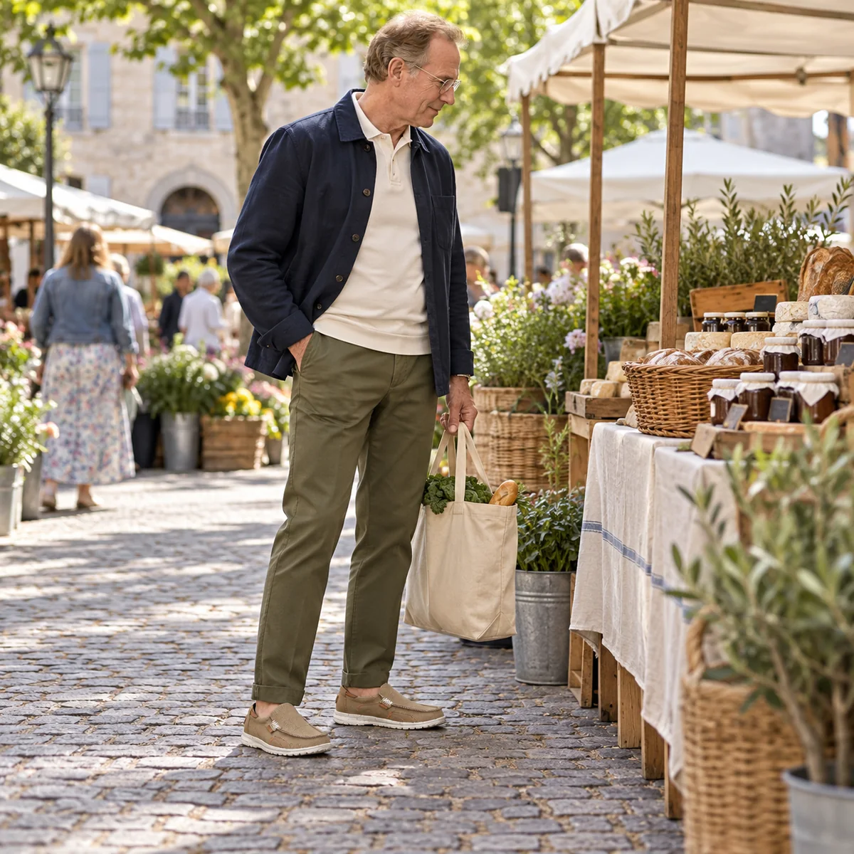 Mature man wearing khaki canvas loafers at an outdoor market