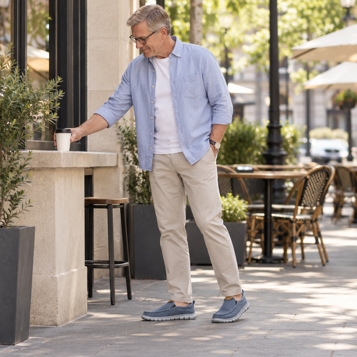 Your coffee stop. Mature European man wearing canvas loafers