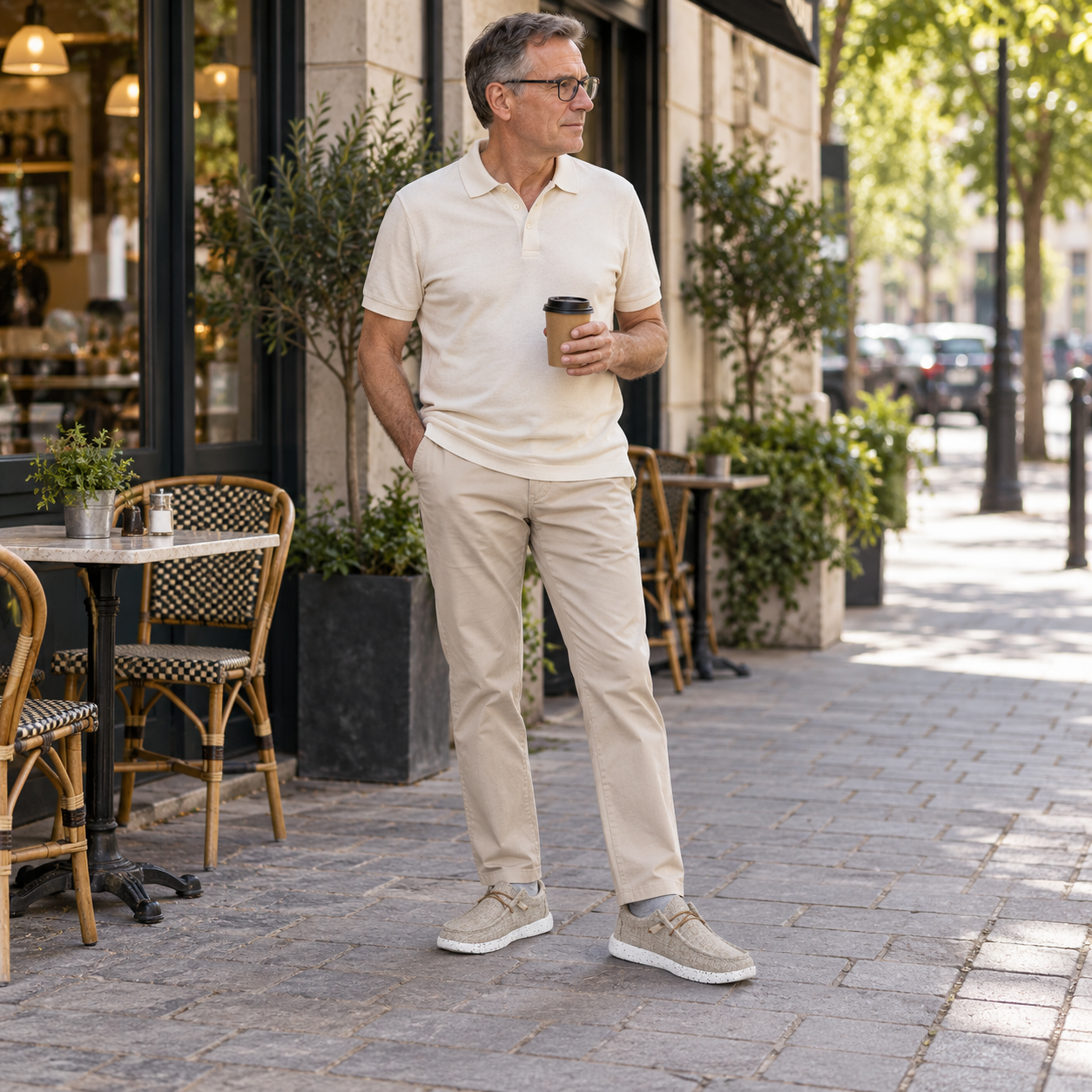 Mature man wearing the corresponding shoes in an everyday scene
