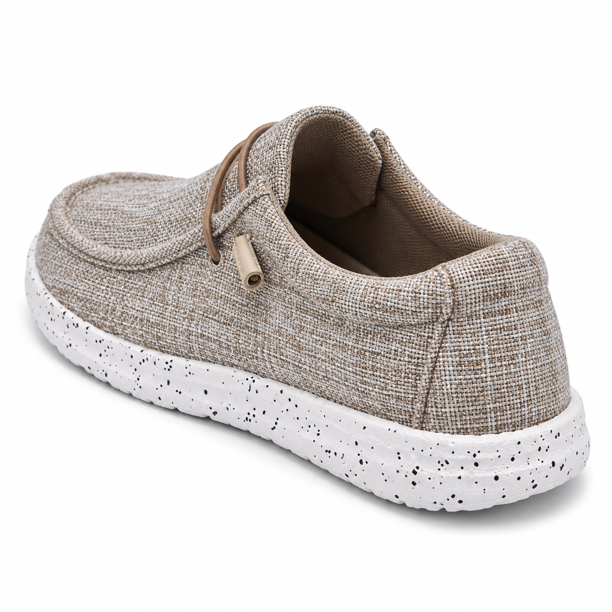 Khaki woven shoe from a rear three-quarter view