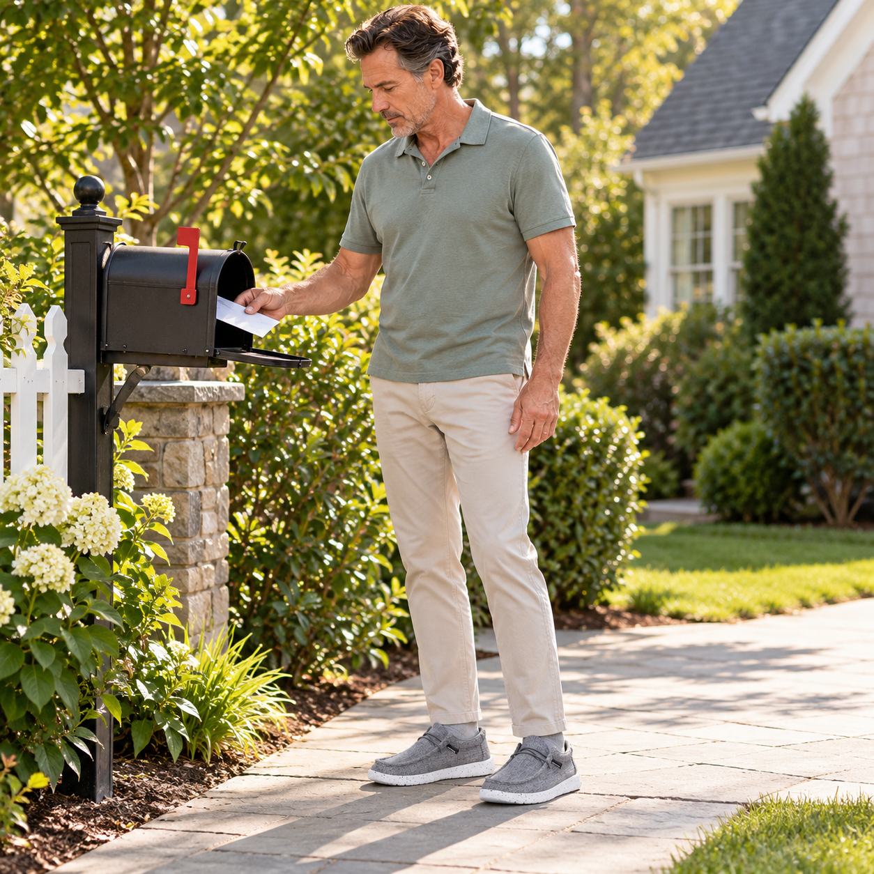 Mature man wearing gray woven shoes while collecting mail near home