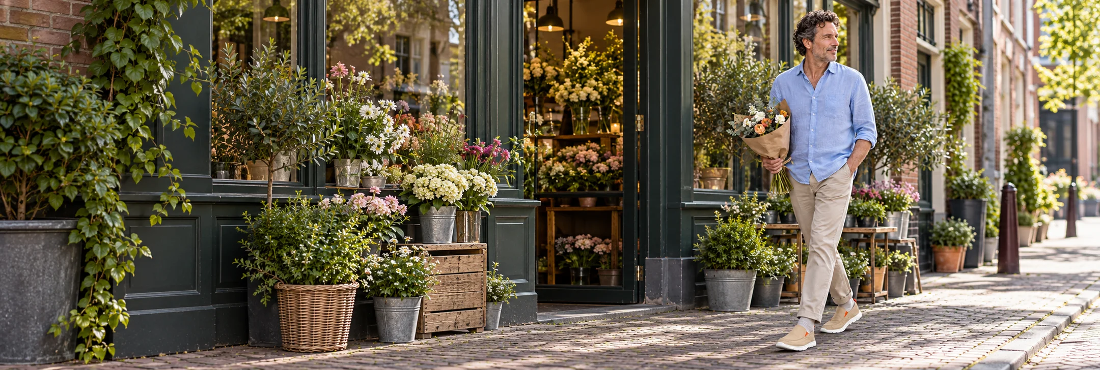 Complete florist scene with a mature man wearing khaki loafers