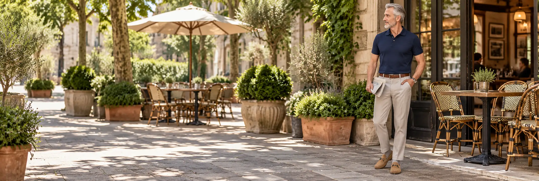 Mature white man in tan suede loafers at a cafe terrace