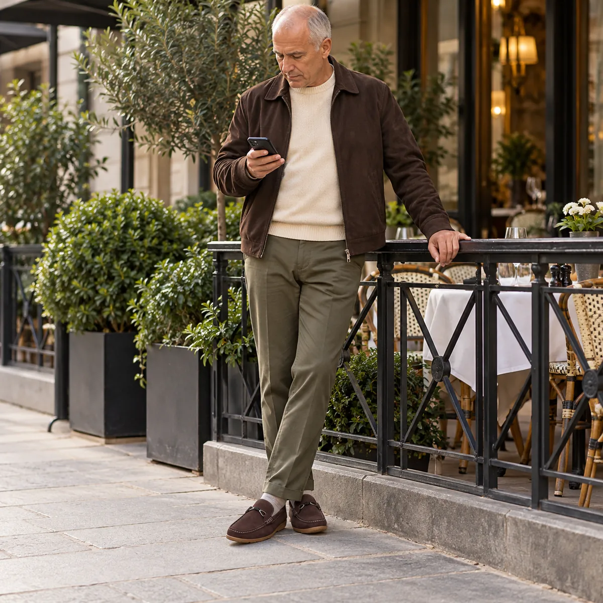 Your dinner plans. Mature white man wearing matching suede loafers.