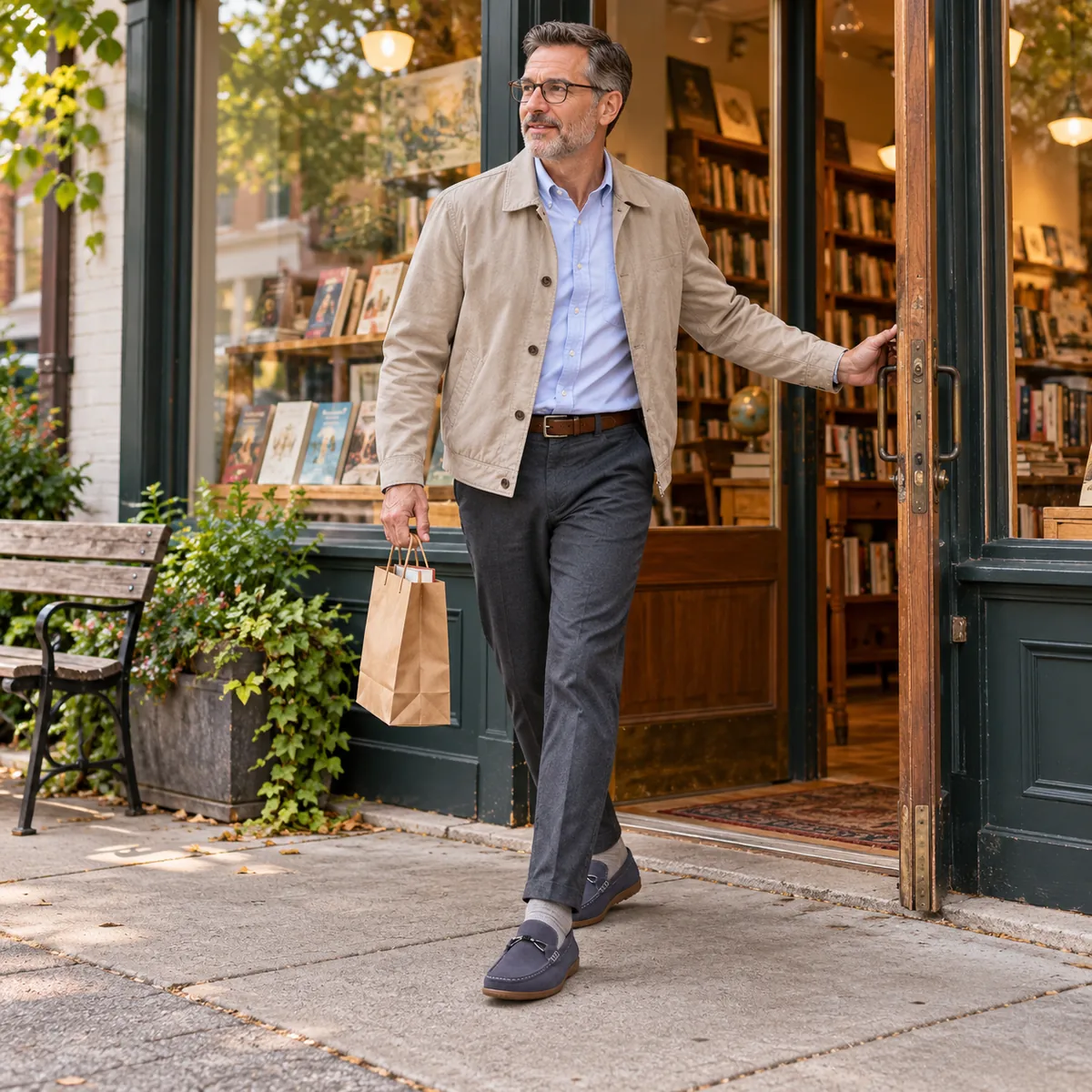 Your bookshop stop. Mature white man wearing matching suede loafers.
