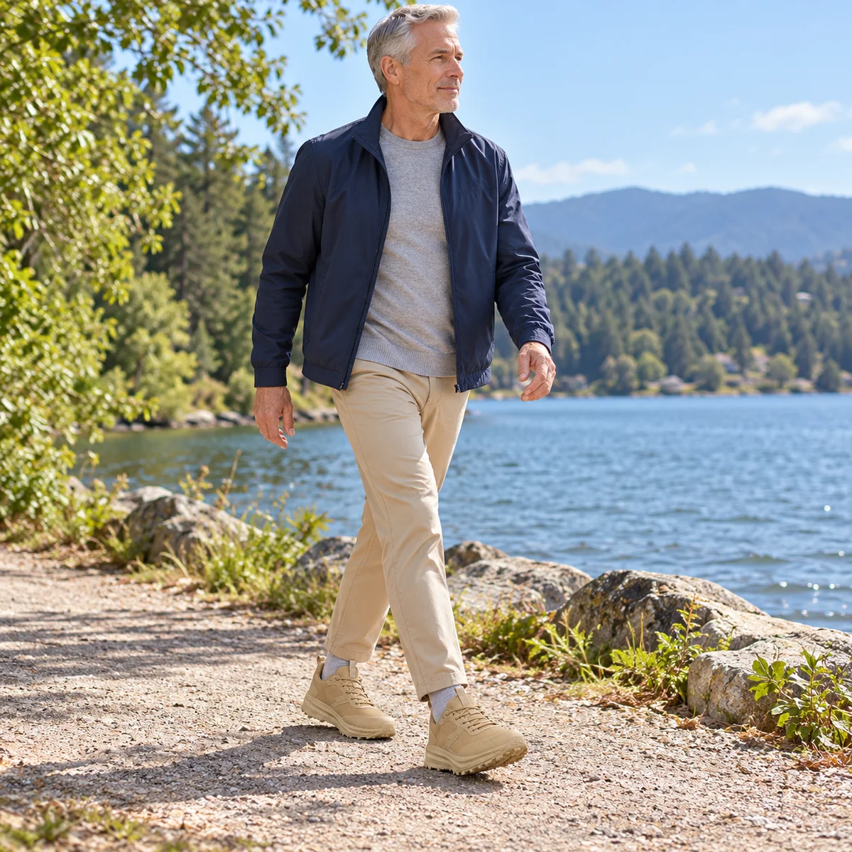 Man wearing tan walking sneakers in an everyday scene