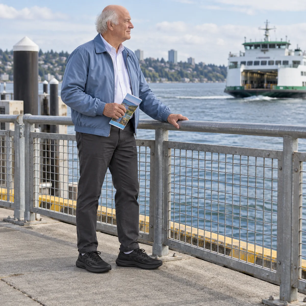 Mature white man waiting for a ferry in Black shoes