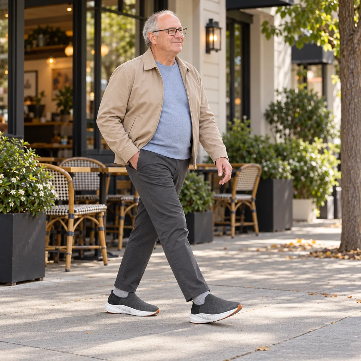 Older man with glasses wearing grey slip-on shoes outside a cafe