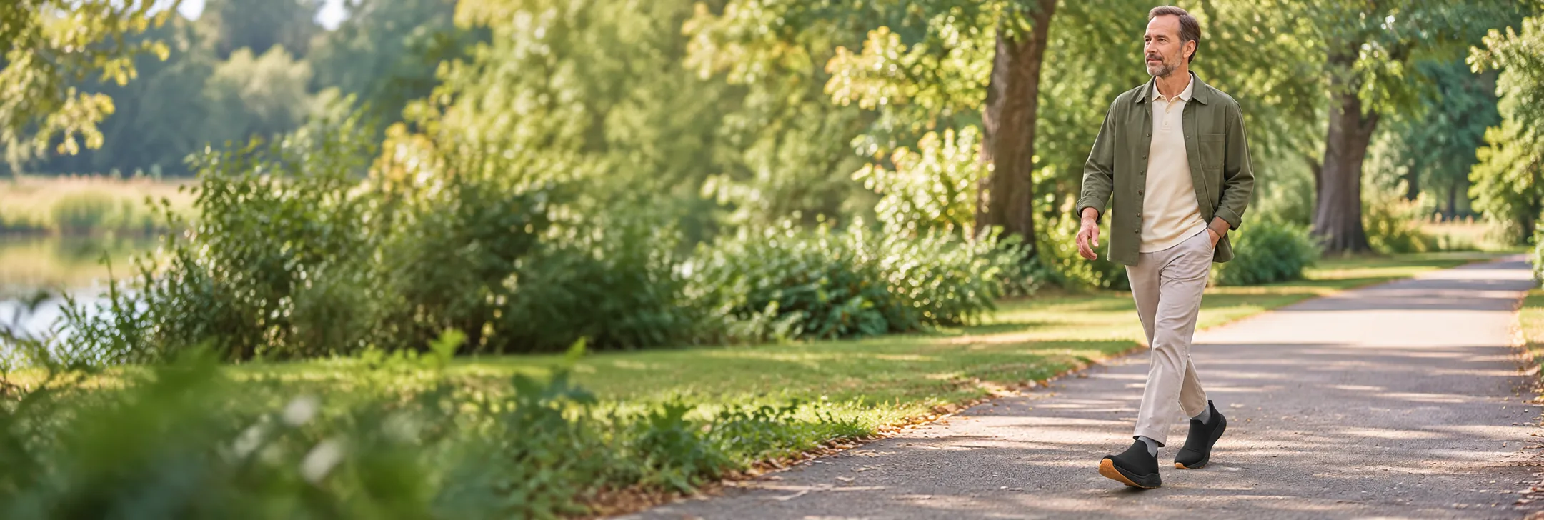 Older man wearing black slip-on shoes on a park stroll