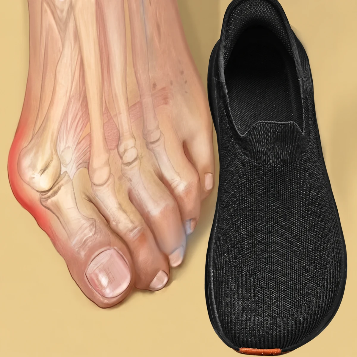 Original forefoot illustration and black knit shoe, text removed
