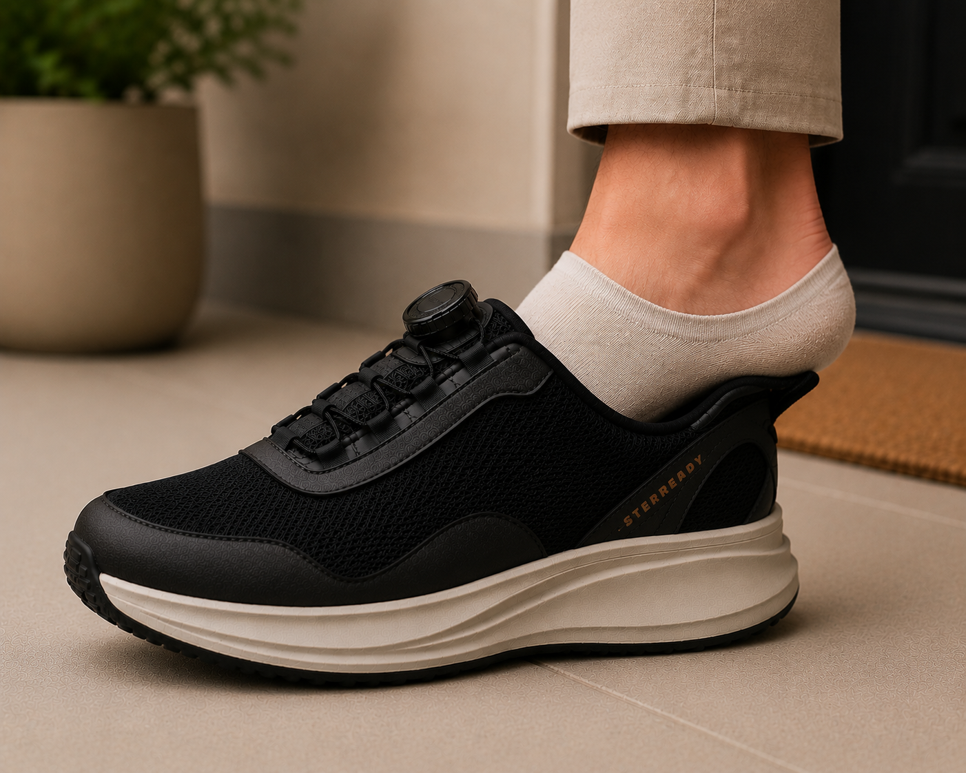 StepReady heel entry motion showing easy-on shoes without bending