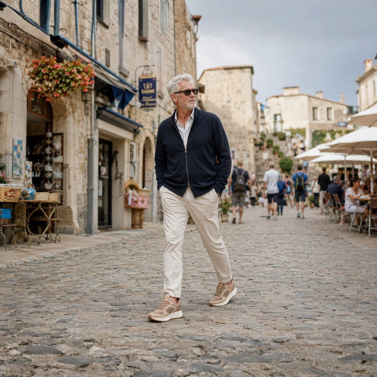 Mature man wearing StepReady walking shoes while sightseeing on a travel day