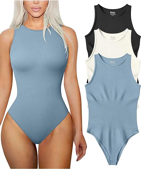 Buy TOBWomen's 3 Piece Bodysuits Sexy Ribbed Sleeveless Halter Neck  Shapewear Bodysuits Online at desertcartCyprus