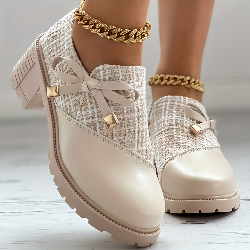 Beige Tweed & Leather Block Heel Ankle Boots with Bow Detail