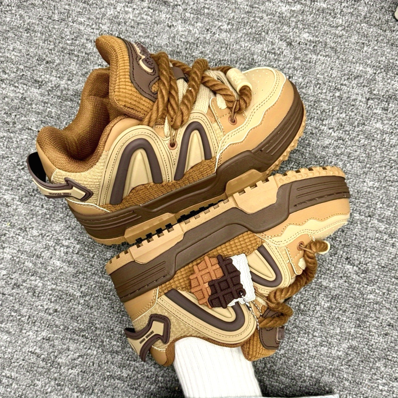 Brown Retro Chunky Sneakers with Waffle Charm & Rope Laces
