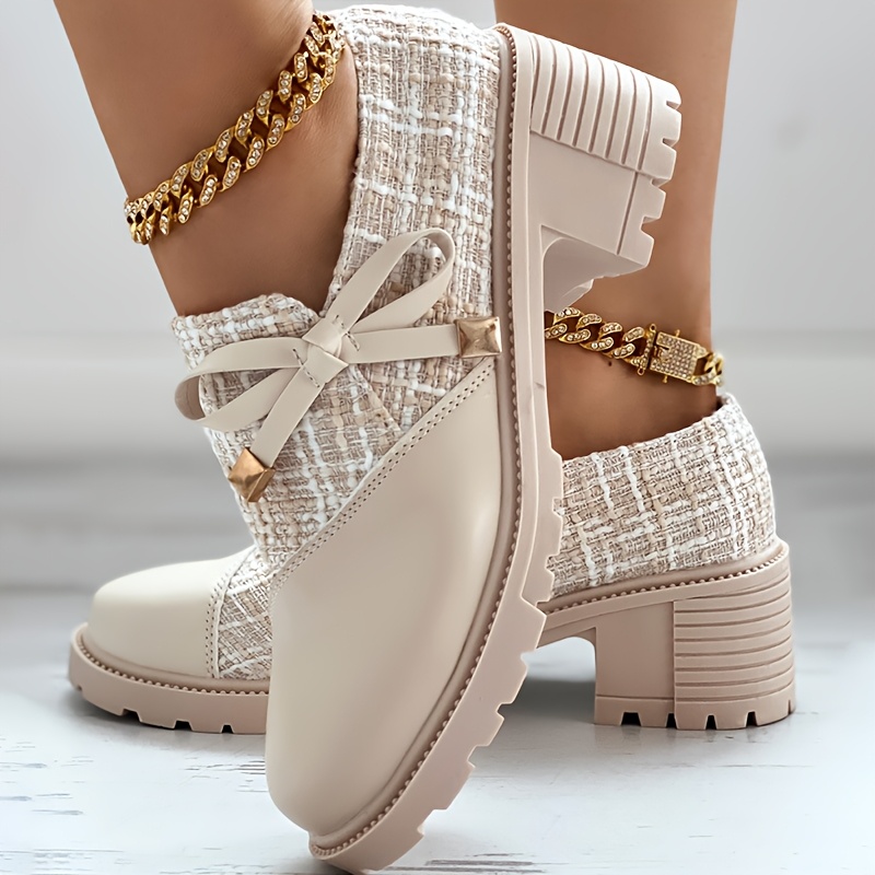 Beige Tweed & Leather Block Heel Ankle Boots with Bow Detail