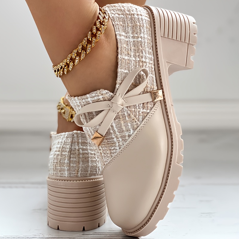 Beige Tweed & Leather Block Heel Ankle Boots with Bow Detail