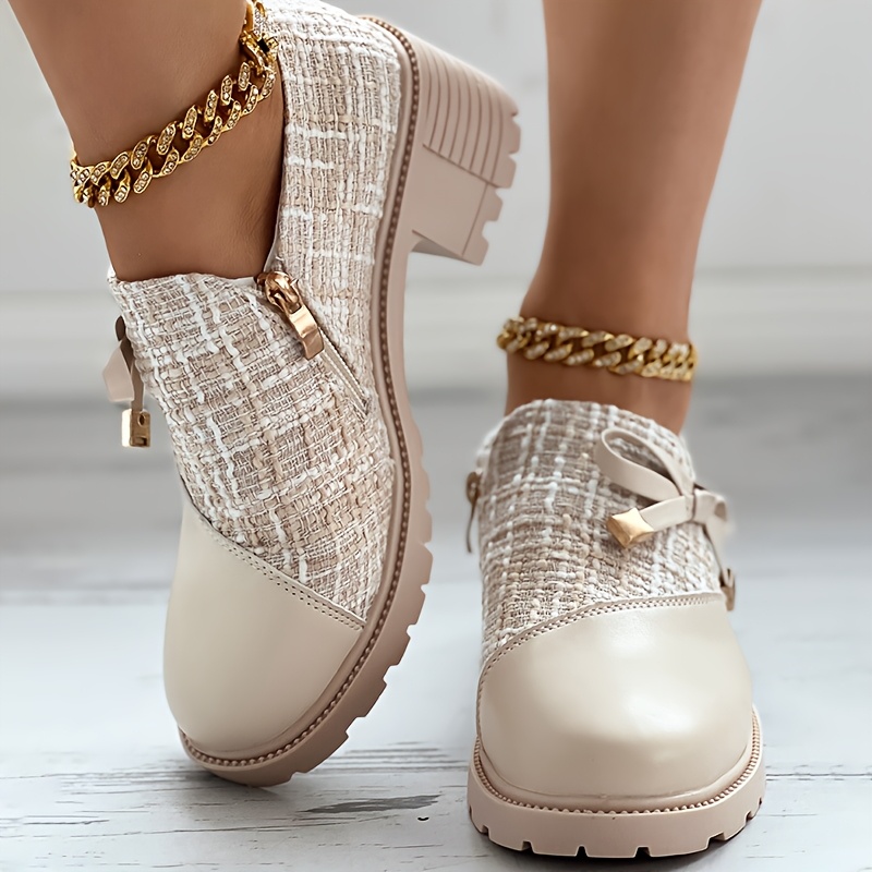 Beige Tweed & Leather Block Heel Ankle Boots with Bow Detail