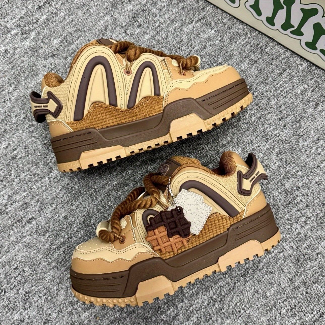 Brown Retro Chunky Sneakers with Waffle Charm & Rope Laces