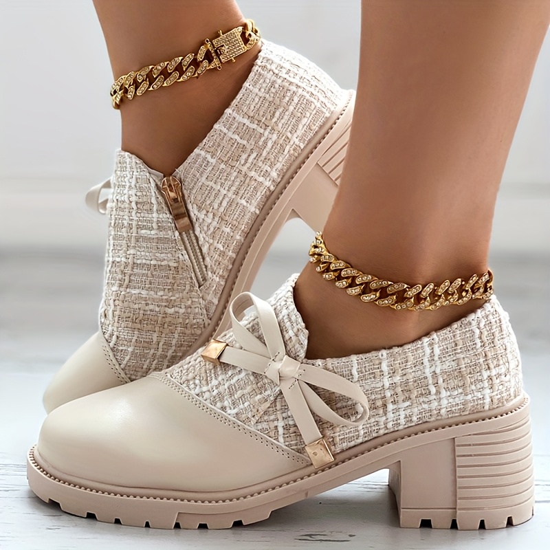 Beige Tweed & Leather Block Heel Ankle Boots with Bow Detail