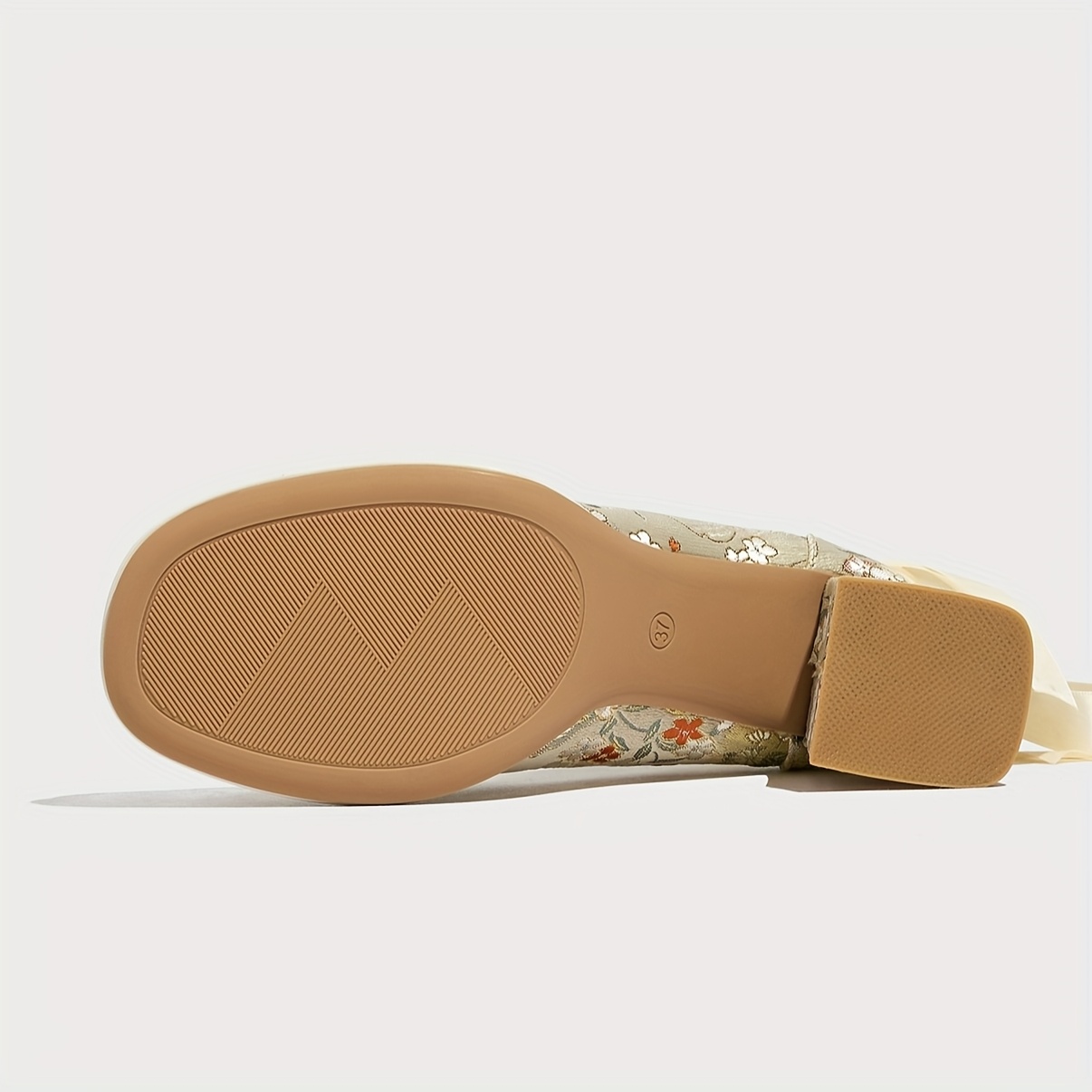 Beige Floral Brocade Block Heel Pumps with Pearl Ankle Strap