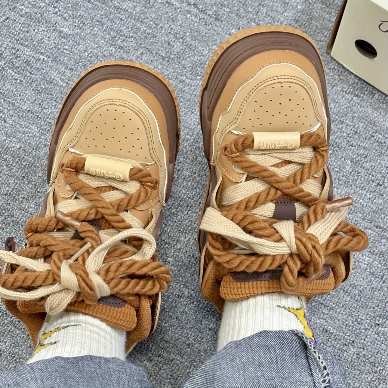 Brown Retro Chunky Sneakers with Waffle Charm & Rope Laces