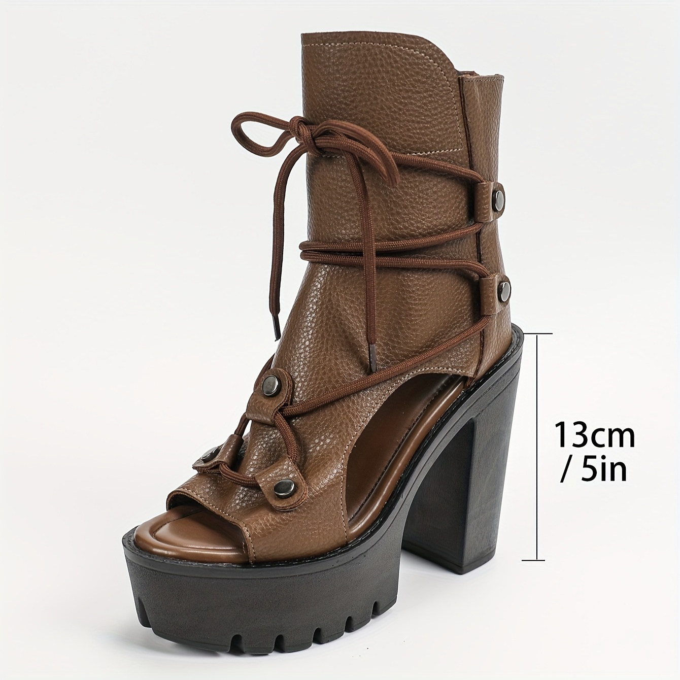 Brown Peep-Toe Platform Block Heel Ankle Boots