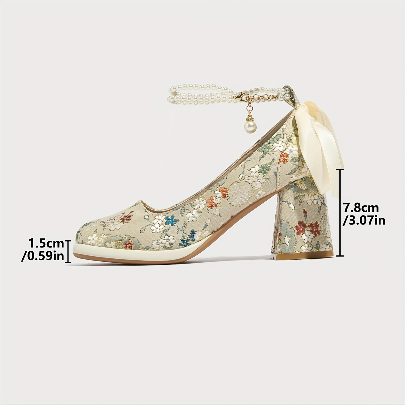 Beige Floral Brocade Block Heel Pumps with Pearl Ankle Strap