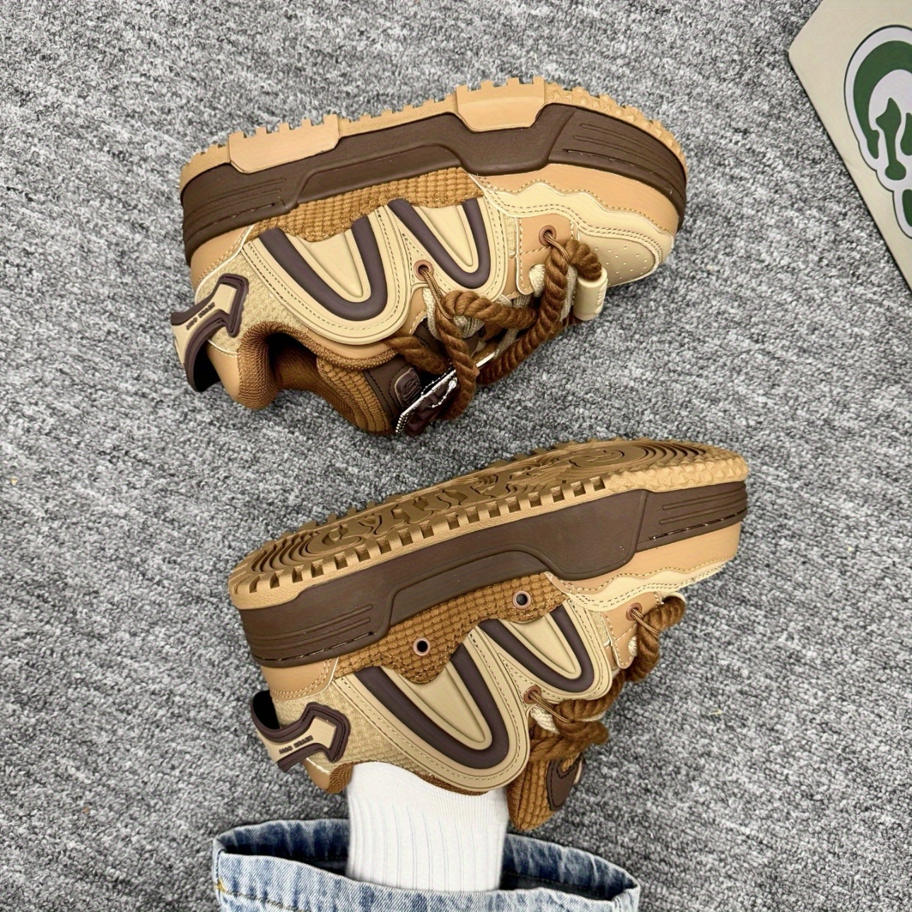 Brown Retro Chunky Sneakers with Waffle Charm & Rope Laces
