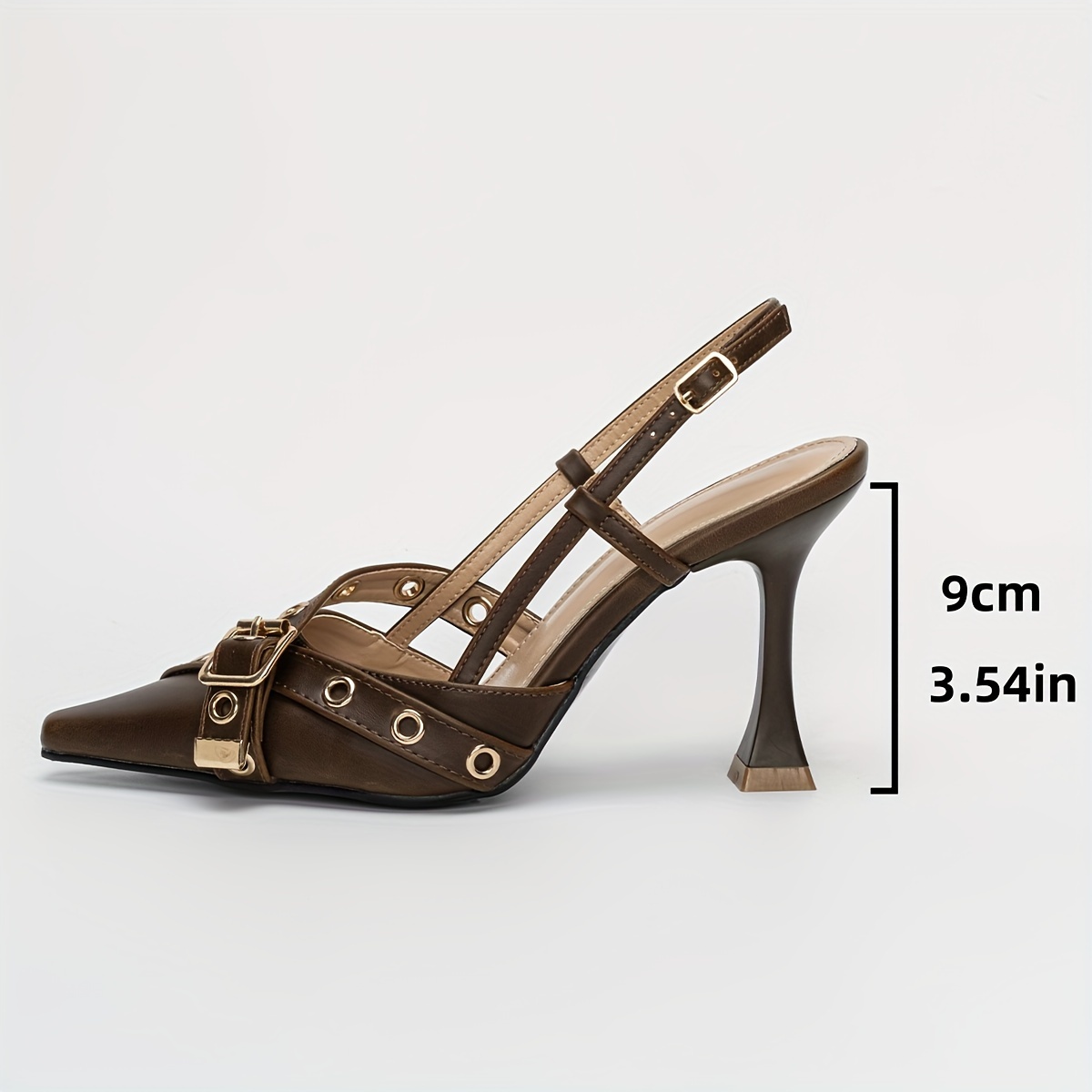 Brown Leather Buckle-Detail Slingback Pumps